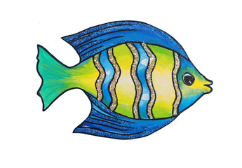 Naklejka premium Hand drawn Light acrylic paint blue fishes with decorative elements