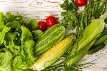 vegetables concept, green fresh vegetables from the grocery market, place for text,.