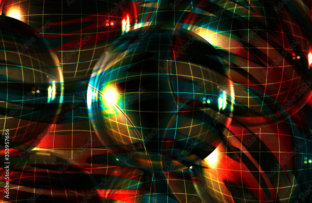 Poster glass lens ball macro abstract with grid design and splashes of color