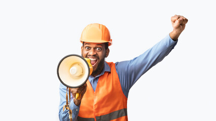Excited Builder Shouting In Megaphone Announcing Great News, White Background
