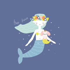 Mermaid with dog. Cute childish graphic. Vector hand drawn illustration.