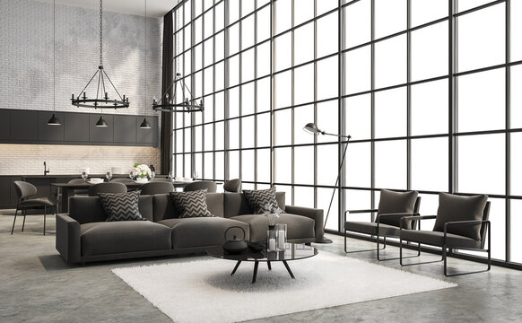 Industrial loft style living and dining room interior 3d render,There are concrete floor,white brick wall,decorated with dark gray furniture,The room has large windows. Looking out to scenary outside.