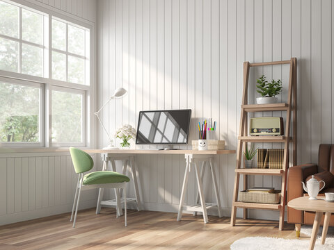 Vintage working and living room 3d render.there are white plank wall,wooden floor Decorate room with wood table,green fabric chair and brown leather sofa with white window overlooking to nature view.