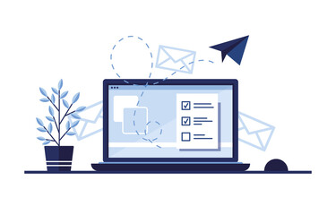 Vector banner illustration of email marketing. Workplace at home, in the office. Laptop. Paper airplane. Completed application form for the site. Filling out documents. Monitor screen. Blue. Eps 10 - obrazy, fototapety, plakaty
