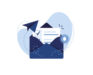 Vector banner illustration of email marketing & message concept. Letter, sheet in an envelope, checkmark. Sending application. Receive News. Filled document. Alert and bell. Blue and White. Eps 10
