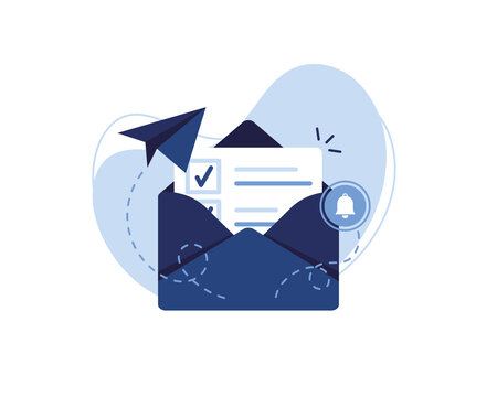 Vector banner illustration of email marketing & message concept. Letter, sheet in an envelope, checkmark. Sending application. Receive News. Filled document. Alert and bell. Blue and White. Eps 10