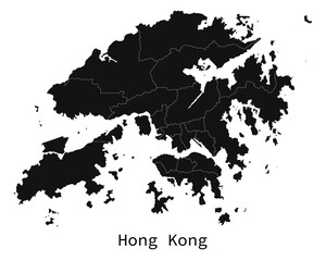 Black and white detailed Hong Kong map with regions outlined vector