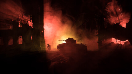 War Concept. Military silhouettes fighting scene on war fog sky background, World War Soldiers...