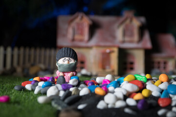 Miniature people : Merchants and citizens wearing masks to protect against viruses at the market. People wear masks to prevent New type COVID-19 pneumonia. Coronavirus and Covid-19 concept.