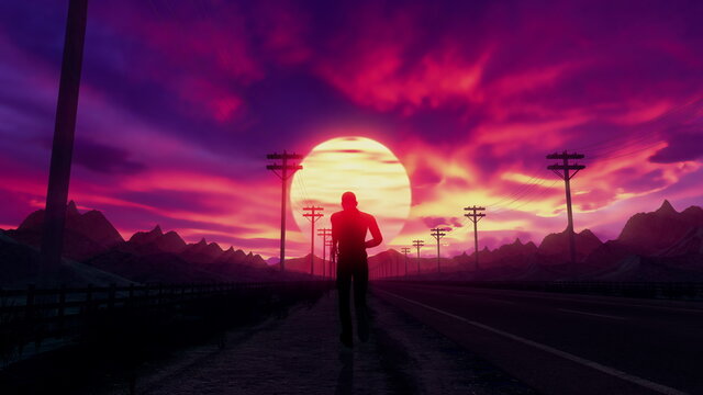 Close up follow shot of man running to the sunset. Stylized male silhouette on a deserted empty mountain road. 3D illustration for 80s music video VJ. Reaching goals and motion concept. 4k