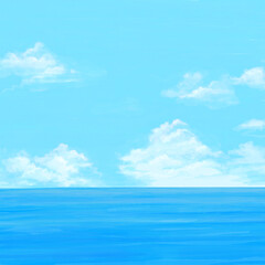 鮮やかなブルーの海, 立ち上る雲と空, 水平線