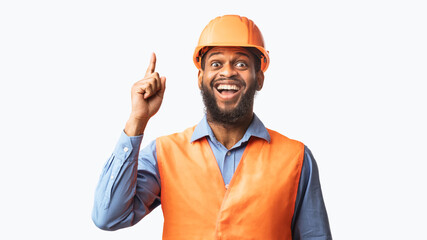 Excited Construction Worker Pointing Finger Up Having Idea, White Background