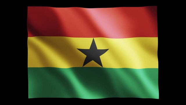 Ghana flag waving in slow motion 3D rendering with alpha.