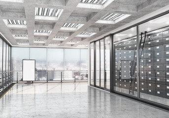 archive room in a large corridor with a view of the city, a modern office building. Advertising stand. 3d illustration - obrazy, fototapety, plakaty