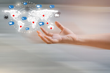Business woman holding in hands with global connection concept and social media and network icons.3d illustrationElements of this image furnished by NASA,3d illustration	
