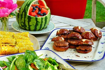 Grilled vegan burgers made with Beyond Meat plant-based protein