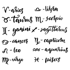 Set of signs of Zodiac icons. Modern lettering made with dry brush. Symbols of zodiac horoscope. Vector black and white illustration.