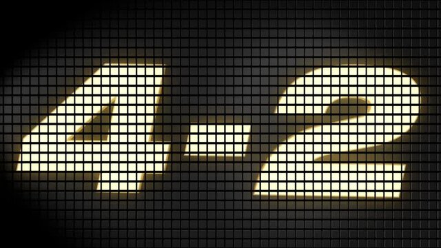 Digital scoreboard with 4 � 2 score text footage.