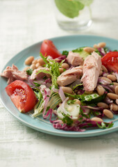 Tuna salad with tomatoes, cannelloni bean and endive. Bright wooden background. Close up. 