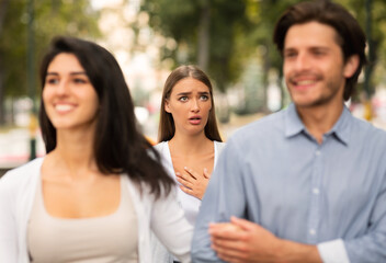Girl Meeting Her Boyfriend Dating With Other Woman Walking Outside