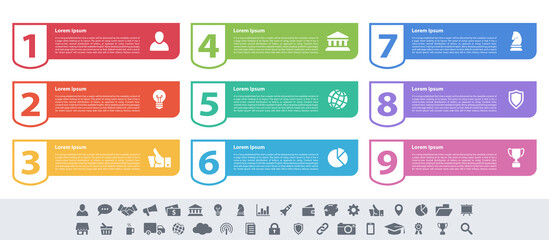 Infographic design business concept vector illustration with 9 steps or options or processes represent work flow or diagram or web button banner