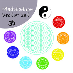 meditation symbol vector set : chakras, flower of life, yin yang, om