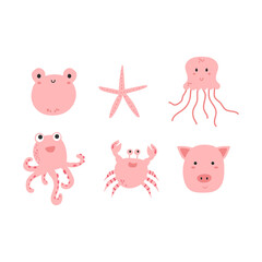 cute cartoon animal collection frog starfish octopus crab pig pink