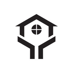 abstract logo hands prop the house. Unique and minimalist but elegant. For construction and housing companies of geometric shapes.
