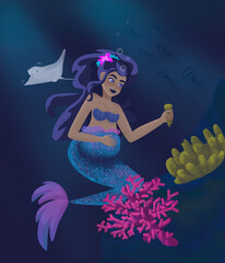 Sirena embarazada en el océano de noche con una mantarraya observándola