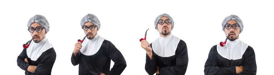 Man wearing nun costume isolated on white