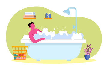 Adult Men Taking A Bath in a Bathup with Soap Bubbles, Modern Flat Illustration