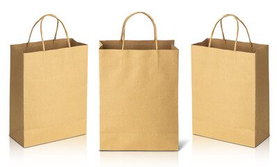 Recycled brown paper shopping bags isolated on white background with clipping path.