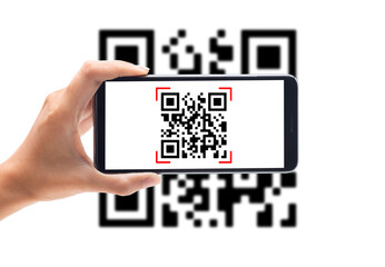 Hand using mobile smart phone scan Qr code. Barcode reader, Qr code payment, Cashless technology,...