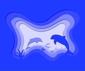 Paper of Dolphin in the blue ocean, dolphins live in both the sea, fresh water and brackish water, shaped like fish, with fins and tails, but dolphins are not fish. Because it is a mammal, in the sea 