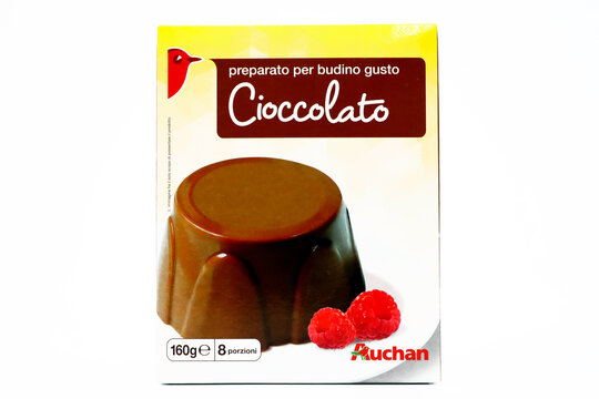 Italy &ndash; May 31, 2020: Chocolate flavoured Pudding sold by Auchan supermarket chain