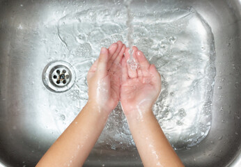Coronavirus pandemic prevention wash hands with soap warm water and rubbing nails and fingers...
