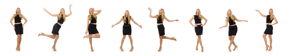Pretty girl in black mini dress isolated on white