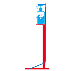 Hands Free Sanitizer Stand, a man showing how to use this equipment without touching hand sanitizer,  touchless equipment concept,Vector illustration
