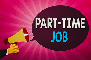 Writing note showing Part time Job. Business concept for employment marked by working less than 40 hours in a week Hu analysis Hand Holding Megaphone and Oval Speech Bubble