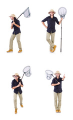 Funny guy with catching net on white