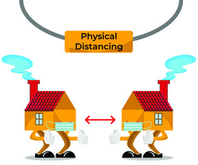 Illustration of home character design with sign of physical distancing in the middle of covid-19 pandemic. Perfect for any visual content for physical distancing campaign or anything about that.
