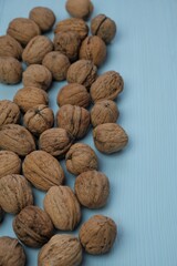 Walnut set close-up on a  blue wooden background.Organic  Bio Product. Useful Snack. Healthy fats