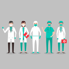 set of doctor wear protective suit against virus vector
