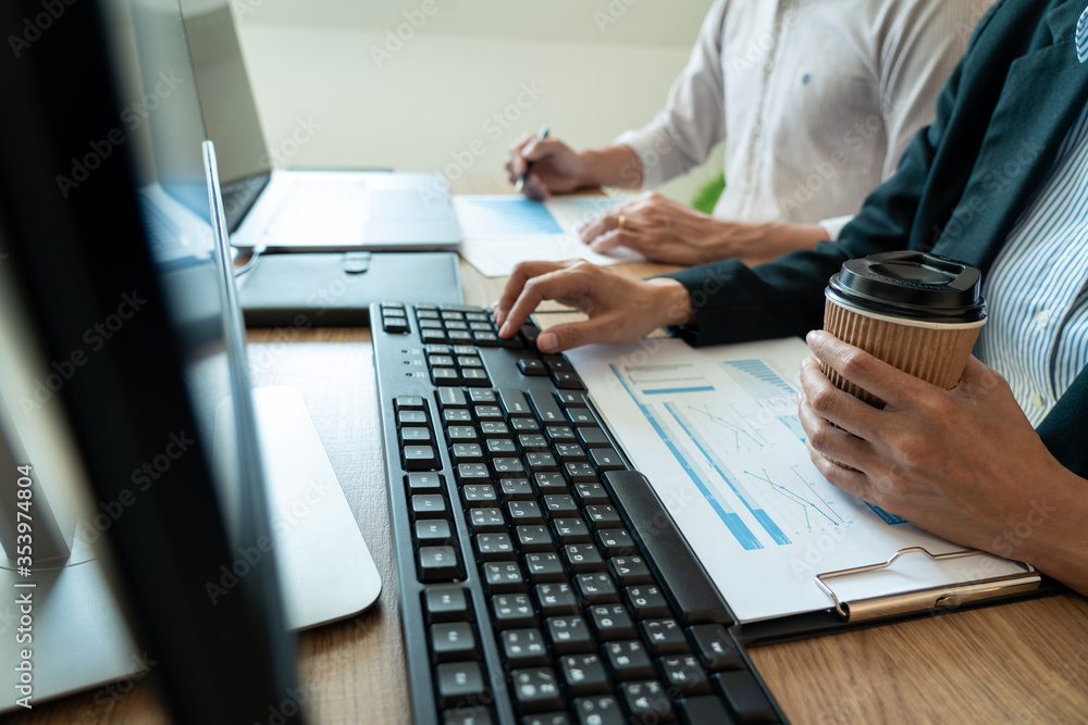 Poster working business man, team of broker or traders talking about forex on multiple computer screens of 