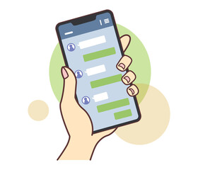 スマホでLINEを見る手元のイラスト・主線あり