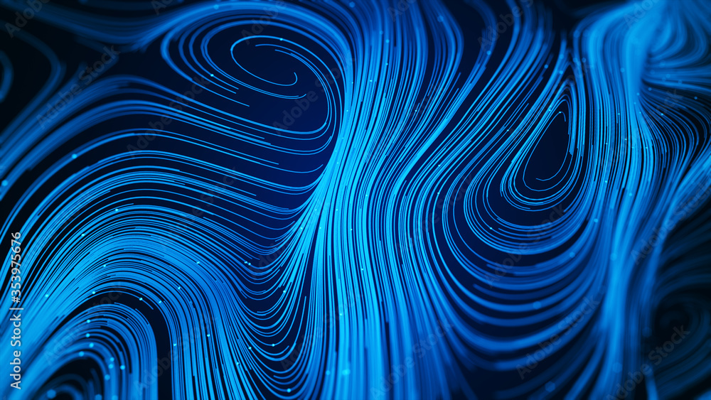 Poster blue color abstract background, digital particle and line. wavy backdrop curved and spiral line. dig