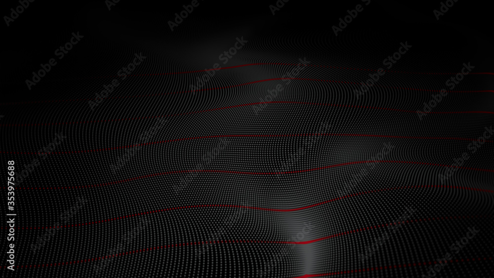 Wall mural digital particles wave flow on black background, digital cyberspace abstract background