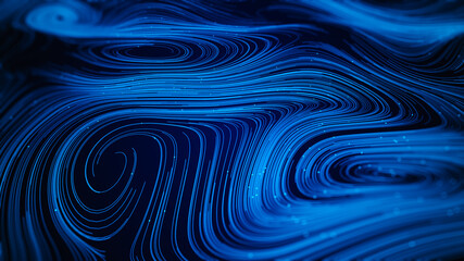 Blue color abstract background, Digital Particle and Line. Wavy backdrop curved and spiral line. Digital cyberspace background