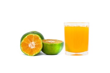 Fresh orange juice with fruits cut in half and sliced with green leaf isolated on white background