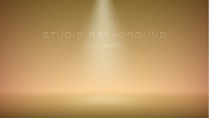 Orange empty studio with spotlights. Soft gradient. The ray of the searchlight in the air and floor. Studio room for background, display brand or product. Color edition. Vector 3d illustration